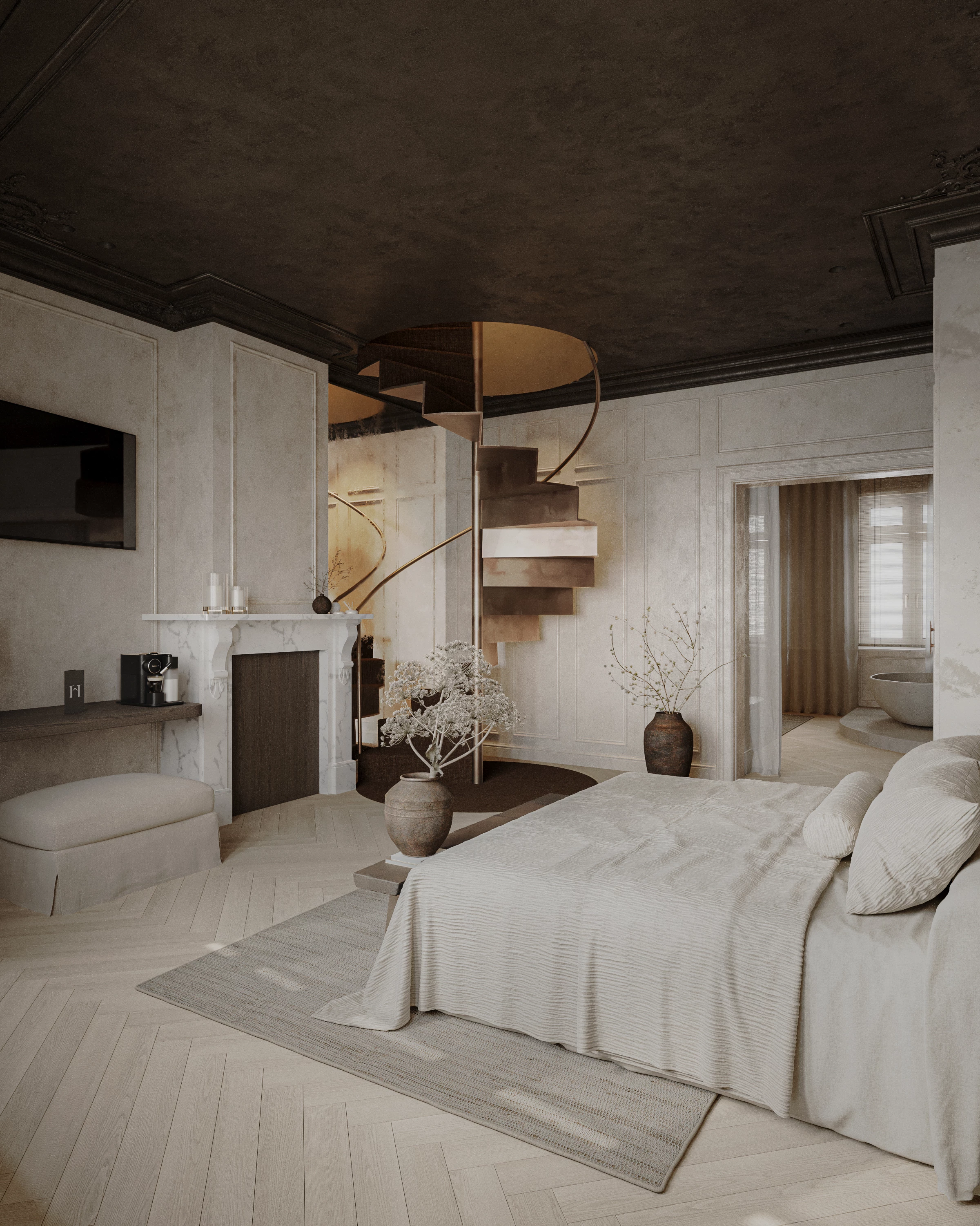 Suite kamer Heritage met zicht op de schouw en trap. Daarnaast het bureaublad en bankje.