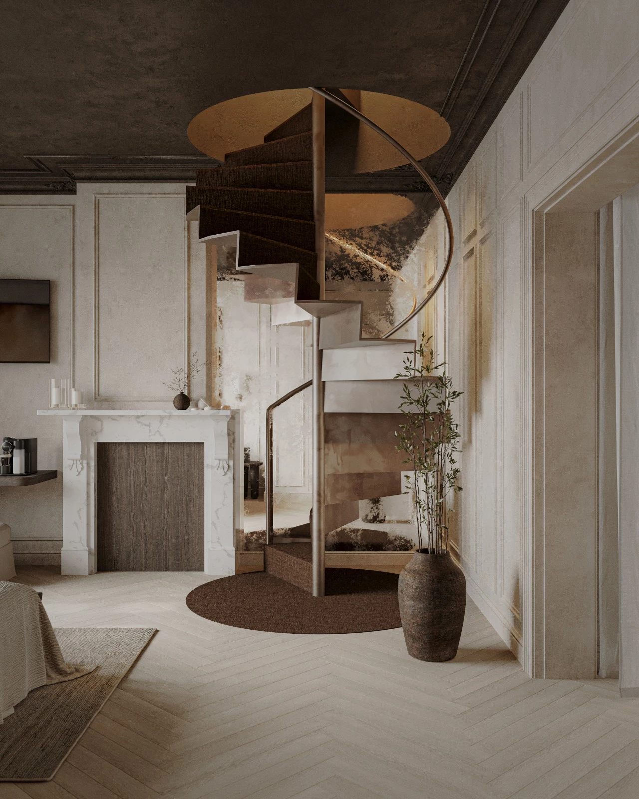 Spiral staircase in Heritage suite room with view of the fireplace.