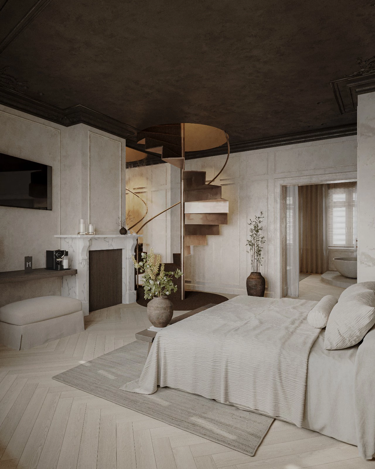 Heritage suite room with a view of the fireplace and staircase. Next to it is the desk and bench.