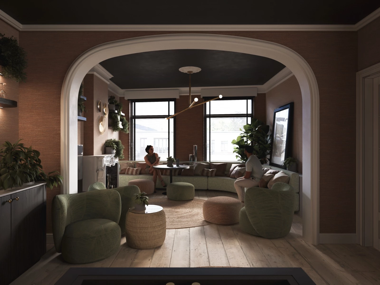 Lounge ruimte Herenhuis Izegem met hoekzetel en zicht op centrumstraat